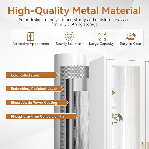Polup Metal Armoire Wardrobe Closet with Mirror, 71" Tall White Cabinet
