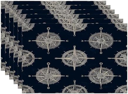 Batmerry Maritime Sailing Linen Placemats Set of 6, Oceanic Nautical Emblem Washable Table Mats for Kitchen Table Thickened Heat Insulation Dining Set Indoor Outdoor 12X18 in