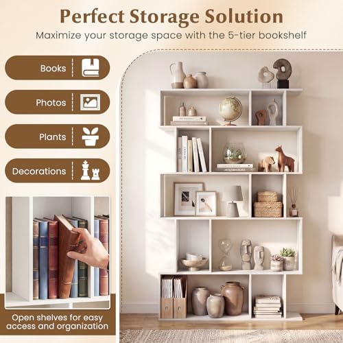 Giantex 5-Tier Bookshelf, 10-Cube White Geometric Bookcase with 5 Closed-Back Cubbies, Anti-toppling Kits, Open Display Storage Shelf for Living Room, Home Office, Bedroom