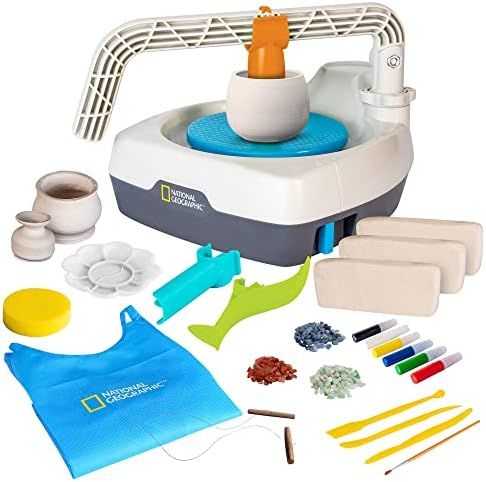 National Geographic Deluxe Pottery Wheel Complete Starter Kit for Kids | Plug-In Motor, 3 Lbs. Air-Dry Clay, Patented Arm Tool, Sculpting Tools, Gemstone Chips, Paints, Creative Birthday Gift