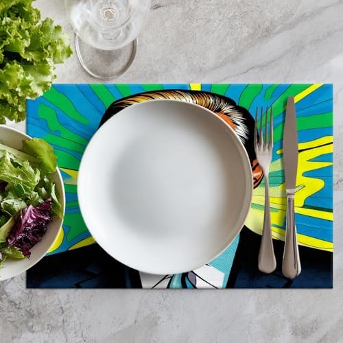 Batmerry American Election Man Linen Placemats Set of 6, Yellow Hair Suit Green Background Washable Table Mats for Kitchen Table Thickened Heat Insulation Dining Set Indoor Outdoor 12X18 in