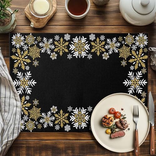 Gold White Snowflakes Chriatmas Placemats Set of 4, Winter Xmas Holiday Heat Resistant Washable Table Place Mats Black Cotton Table Linens Party Holiday Decor for Kitchen Dining Outdoor Indoor