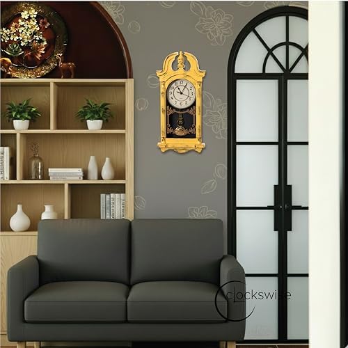 Clockswise 20" Plastic Grandfather Clock in Distressed Finish with Swinging Pendulum & Chiming Sound Battery-Operated Decorative Wall Accent for Home Office Living Room Kitchen Hallway, Yellow