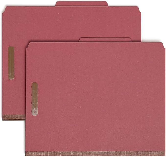 Smead 100% Recycled Pressboard Classification File Folder, 2 Dividers, 2" Expansion, Letter Size, Red, 10 per Box (14024)