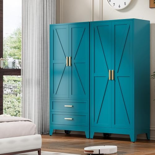 Washsemba 71'' Farmhouse Metal Wardrobe Cabinet with Hanging Rod, 2 Barn Door Wardrobe Closet with 5 Adjustable Shelves,Drawer,for Dining Room,Bedroom,Living Room, Cloak Room,Office (Peacock Blue)