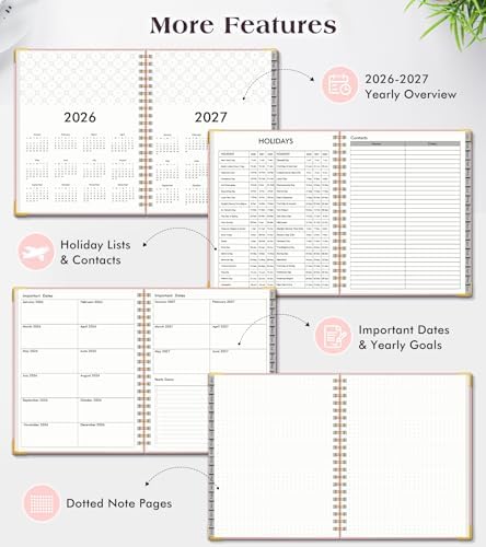 Academic Planner 2026-2027, Weekly and Monthly Hardcover Planner, July 2026 - June 2027, 5.75" x 8.38" A5 Large Daily Calendar Planner Book with Tabs, Spiral Yearly Agenda Organizer Notebook for School Work Home, Pink