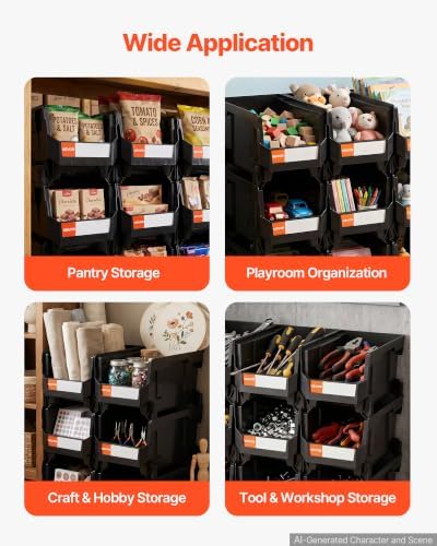 VEVOR Plastic Stackable Storage Bins, 14.8 x 8.5 x 7.1 inch (6 Pack), Plastic Containers for Organizing and Storage Bins for Closet, Garage, Small Parts, Office Supplies and Other Accessories, Black