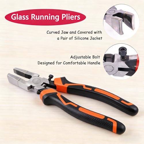 Glass Cutting Tool Kit with 8" Running Pliers with Curved Jaws, 6" Breaker Pliers, Glass Cutter 2-20mm, Replacement Blades, Screwdriver, Storage Bag for Stained Glass, Tiles, Mosaic