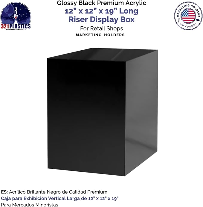4 Pack Display Riser Box Tall Glossy Black Acrylic 12" x 12” x 19” No Lids Hollow Pedestal 5 Sided Retail Merchandise Trinkets Flower Tower Bin Elevated Multi Use Showcase by Marketing Holders