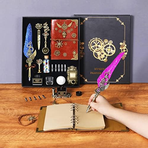 Aifeiter Quill Pen Ink Set Leather notebook With Quill Pen,Notebook,5 Replaceable Nibs,Seal Stamp,Spoon,Wax Beads,White Wax,Ink,Pen Holder,Cup,Envelope,Letter Paper,Envelope Tool(blue)
