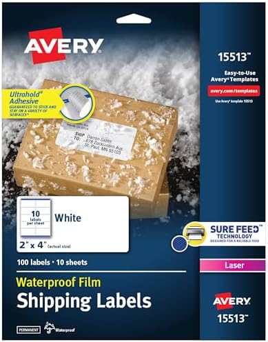 Avery Waterproof Labels with Ultrahold Adhesive, 2" x 4", Case of 500 Labels for Laser Printers (15513)
