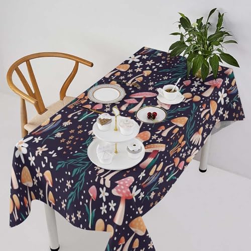 Retro Mushroom Tablecloth, Cartoon Forest Mushroom Florals Leaves Woodland Garden Table Cloth for Kitchen Dining Coffee Table Outdoor Party Decor 55x55in
