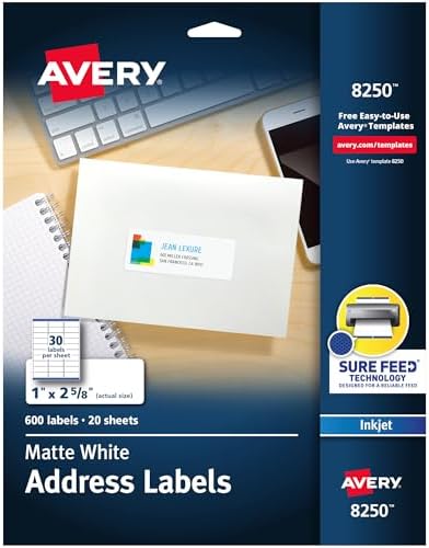 Avery® Printable Address Labels, 1" x 2-5/8", Matte White, Sure Feed® Technology, Inkjet Printer Compatible, 600 Blank Labels, Great for Mailing, Branding, School Supplies, and More (8250)