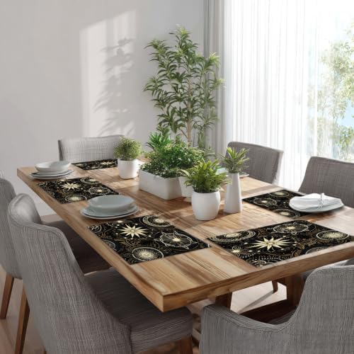 Batmerry Circular Patterns Floral Designs Placemats, Black and Gold Decorative Patterns Washable Linen Table Mats for Kitchen Table Double Insulation Decor Dining Set Indoor Outdoor 12X18 in Set of 6