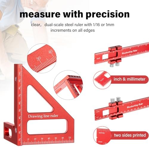 4 Pcs Woodworking Ruler, Metal Precision Pocket Rulers 12, 8, 6 Inch with 3D Multi Angle Measuring Ruler 45/90 Degree for Precision Measuring Marking Inch and Metric