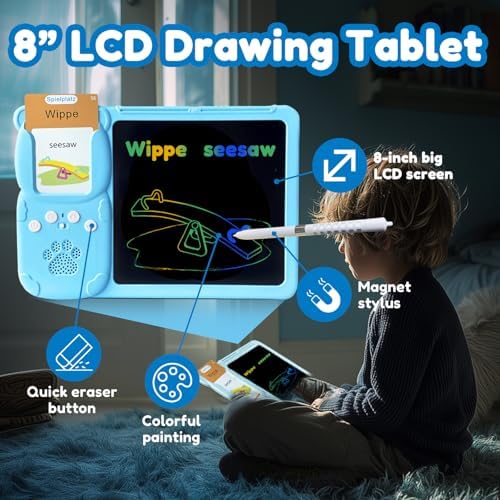 Writing Tablet with Bilingual Flash Cards for Kids, German, Blue