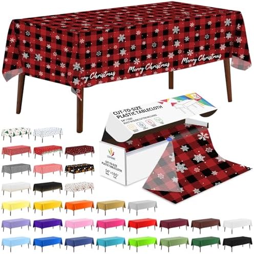 CXPSINC 54 Inch X 100 Feet Plastic Table Cover Roll Disposable Tablecloth with Slide Cutter for All Type/Shape Tables | Party, Banquet, Birthdays, Weddings(Red Checkered Snowflake, 100 Feet)