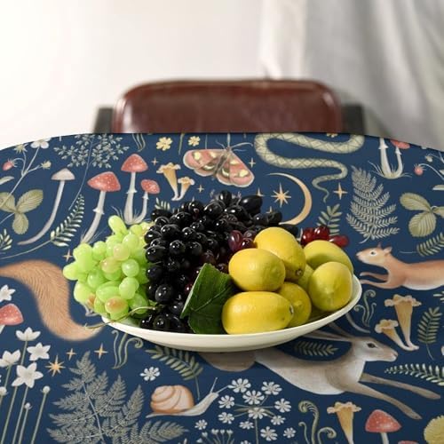 Fairy Forest Tablecloth, Retro Dark Blue Woodland Wildlife Owl Squirrel Print Rustic Flowers Mushrooms Table Cloth for Outdoor Picnic Home Dining Kitchen Table Decor 60x110in