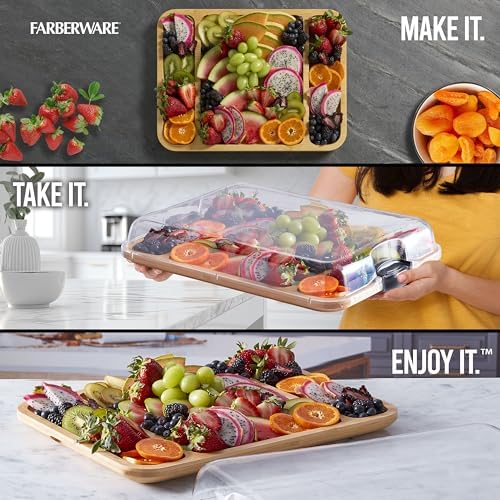 FARBERWARE Build-a-Board Cutting Board with Three Compartments and Clear Locking Lid for Charcuterie, Snacks, and More, Bamboo