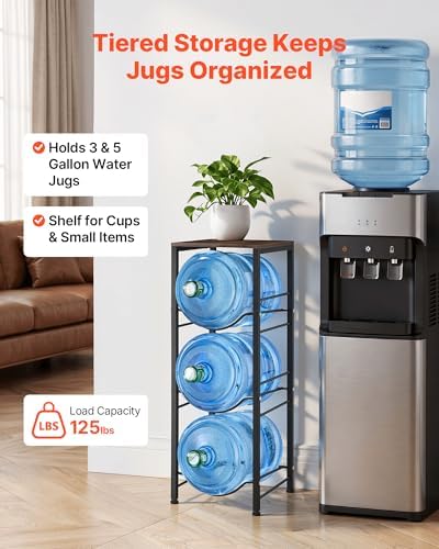 VEVOR 5 Gallon Water Jug Holder for 3 Bottles, 4-Tier 3 or 5 Gallon Water Bottle Holder with Top Shelf, Handle, Heavy Duty Jug Rack Organizer, Detachable for Kitchen, Home, Office, Black+Brown