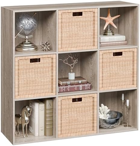 JupiterForce 9 Cubes Bookcases Storage Organizer, 3-Tier Wooden Open Bookshelf Cabinets with Removable Back Panels for Home, Office, Living Room(Natural)