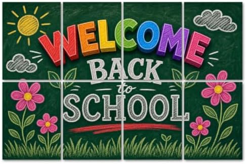 8 Pack Art Acoustic Panels Sound Absorbing Welcome Back to School Chalkboard Art Colorful Letters Floral Details Decorative Soundproof Wall Panels Self Adhesive for Home Recording Studios 48"x32"