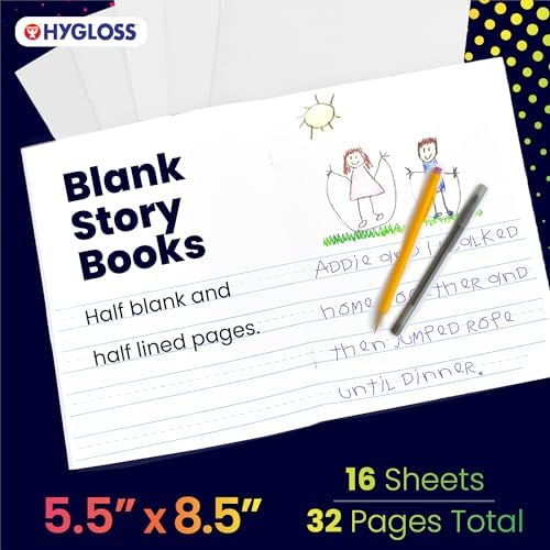 Hygloss Half Blank Books for Kids to Write Stories & Illustrate – Bulk 48 Pack – 5.5" x 8.5" A5 – Primary Journal for Grades K-2, Preschool/Kindergarten Notebook with Picture Space – 24 Pages, White