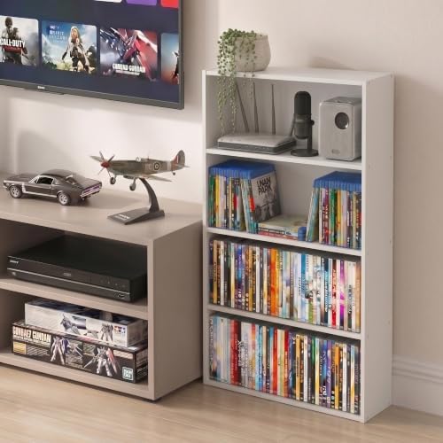 Furinno Basic DVD Shelf, 4-Tier CD Rack, Media Shelf, White | 6 x 24 x 35, Open Shelf for DVD Blueray Game Disc, Storage Cabinets, for Living Room, Bedroom, Home Office