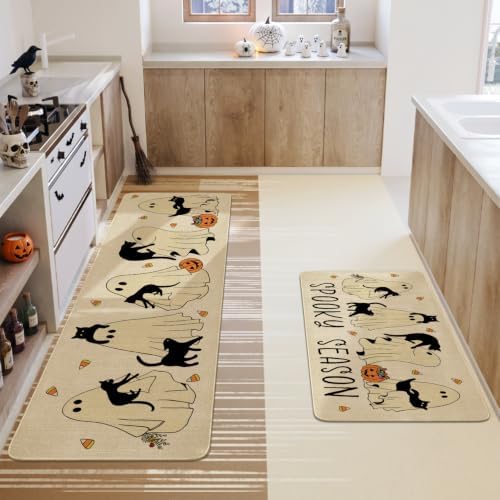 Ghost Black Cat Halloween Kitchen Rugs and Mats Set of 2, (17"x47"+17"x30") Gothic Cute Spooky Season Pumpkin Trick Or Treat Non Skid Washable Runner Rugs for Home Decor Decorations and Accessories