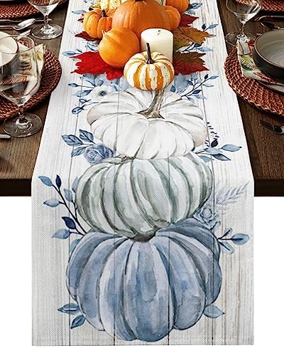 Fall Table Runner Blue Pumpkin Table Runners Harvest Thanksgiving White Blue Pumpkins Wooden Cotton Linen Dresser Scarf Kitchen Dining Table Decor for Autumn Holiday Party Coffee 13x70 Inch
