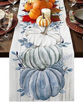 Fall Table Runner Blue Pumpkin Table Runners Harvest Thanksgiving White Blue Pumpkins Wooden Cotton Linen Dresser Scarf Kitchen Dining Table Decor for Autumn Holiday Party Coffee 13x70 Inch