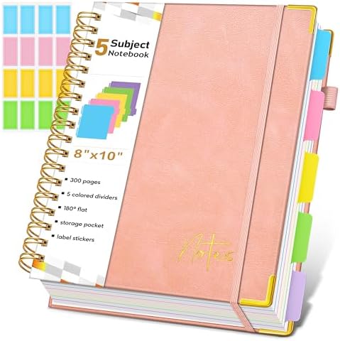 5 Subject Blank Notebook with Removable Dividers Tabs, 300 Pages Hardcover Leather Sketch Book Spiral Journal, 8"x10" B5 Large Sketchbook Notebooks for Women Men Work School Sketching Drawing, Pink