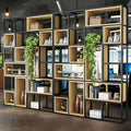 Wood Industrial Cube Bookcase with Shelves & Open Back Iron Bookshelf Floor Steel & Wood Shelf Multi-Layer Shelf Storage Rack Office Partition Display Rack Natural 126" L x 9.8" W x 94.5" H