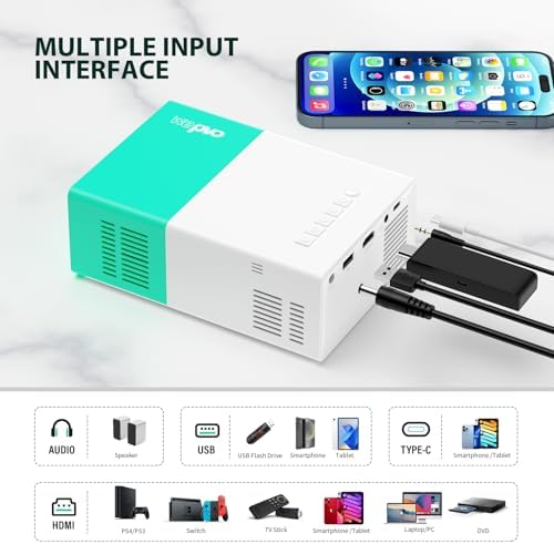 Projector WiFi Portable Movie Projector, Phone or Tablet Can be Mirrored to the Video Projectors Via WiFi or Data Cable, Compatible with Smartphone/ Tablet/ Laptop/TV Stick/ PS/ USB