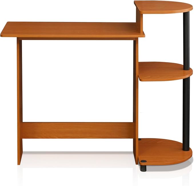Furinno Compact Computer Desk with Shelves, Round Side, Light Cherry/Black