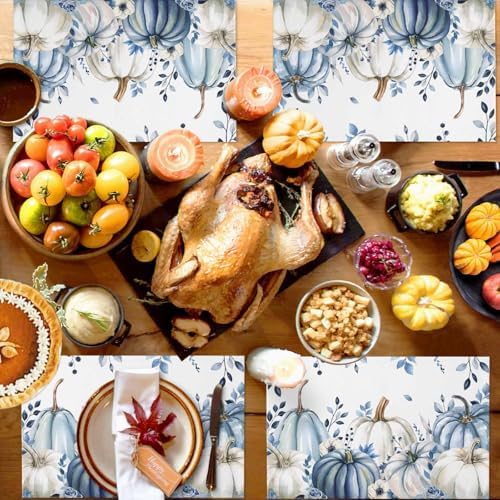 Fall Thanksgiving Placemats Set of 4, Blue White Pumpkin Heat Resistant Washable Dining Table Mats Fall Holiday Farmhouse Decor for Kitchen&Linens Outdoor Indoor, Autumn Flowers Eucalyptus Leaves
