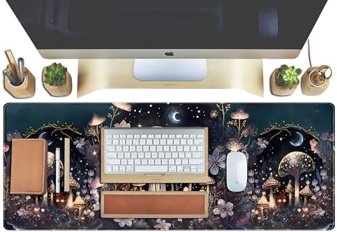 Teng DA Qing Cute Dark Mushroom Moon Night Mouse Pad XL Extended Gaming Mat with Stitched Edges, Computer Laptop Keyboard and Mouse Mat for Women Office Desk Decor, 31.5x11.8 in