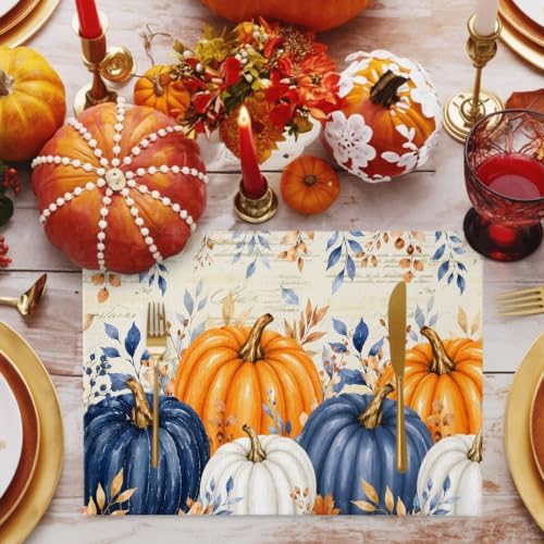 Fall Thanksgiving Placemats Set of 6, Orange Navy Blue Pumpkin Heat Resistant Washable Dining Table Mats Fall Holiday Farmhouse Decor for Kitchen&Linens Outdoor Indoor, Harvest Autumn Leaves