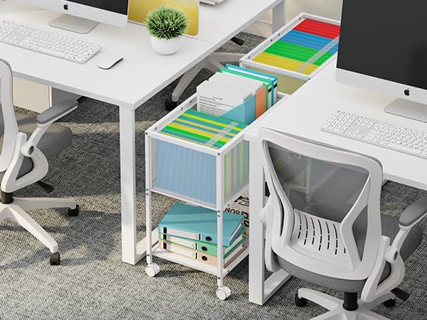 Sbanmao Rolling File Cart, Mobile File Cabinet with Wheels Hanging Files, Metal Hanging File Folder Cart File Organizer Fit Letter Size for Home Office, White