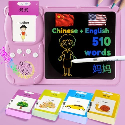 Writing Tablet with Bilingual Flash Cards for Kids, Chinese Pink