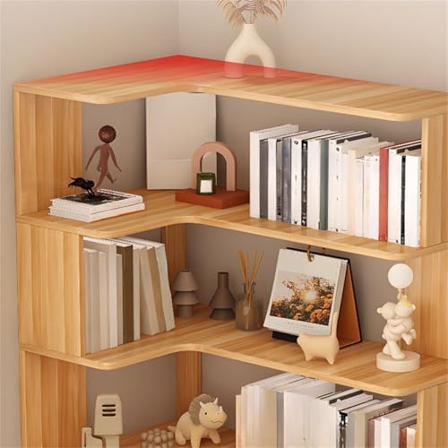 Vertical L-Shape Storage with Open Back 6 Shelves Corner Bookshelf Wood Floor Rack Student Integrated Wall Bookcase Corner Cabinet Multi-layer Storage Cabinet Light Walnut 24"L x 35"W x 75"H