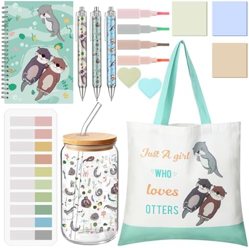 Back to School Stationery Sea Otter Birthday Gift Set 16 oz Party Favors Glass Cup Canvas Bag A5 Journal Notebook Ballpoint Pens Leather Bookmarks Sticky Notes Highlighters for Otter Lovers