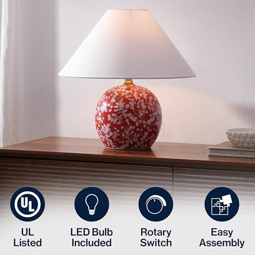 JONATHAN Y Felice Floral Ceramic Globe LED Table Lamp 17.25", Red/White