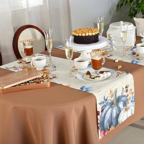 Fall Pumpkin Table Runner Dresser Scarf 13 x 60 Inch Blue Orange Maple Leaf Rustic Table Runners Non-Slip Heat Resistant Kitchen Dining Table Decor for Autumn Thanksgiving Holidays Indoor Outdoor