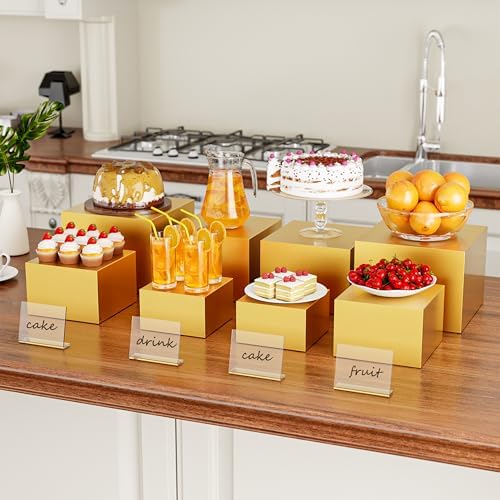 Metal Buffet Risers,4PCS Food Risers for Buffet Table 5in to 8in Display Stand with Mini Acrylic Signs for Catering Dessert Collectibles Jewelry Figures Show Gold Cube Boxes Nesting Risers with Hollow Bottoms