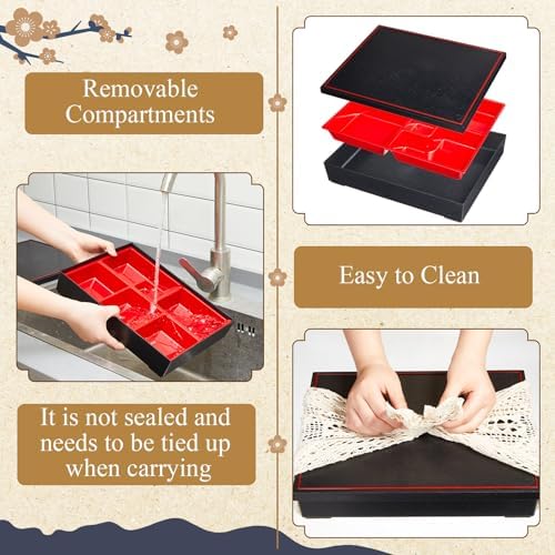 Teenyyou 4 Pcs 12 x 9.5 x 2.2 inches Japanese Bento Box Adult 6 Compartments Divided Japanese Food Presentation with Greaseproof Restaurant Bento Tray Sushi Tray Gift for Sushi Home Restaurant