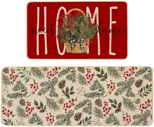 Baccessor Red Christmas Kitchen Rugs Winter Set of 2 17x29 and 17x47 Inch