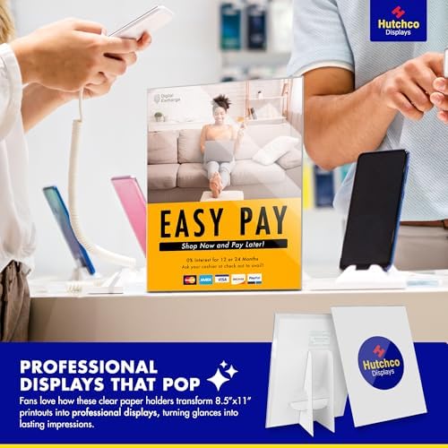 Paper Sign Holder (11 x 14 Inches) Plastic Countertop Display w/Shatterproof (No Acrylic) Clear Design & Cardboard Easel Back Tabletop Slant Support for Stackable Lightweight Portable by Hutchco