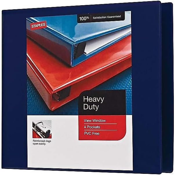 Staples Heavy‑Duty View Binder, 4" D‑Ring, Navy Blue, Reinforced Spine, High‑Capacity 3‑Ring Binder for School & Office Organization