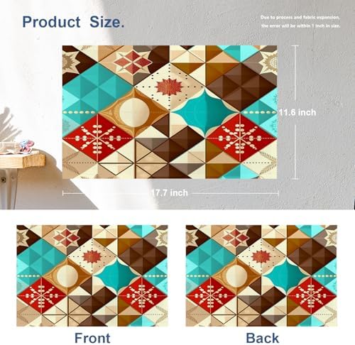 Batmerry Christmas Abstract Patchwork Linen Placemats Set of 4, New Year Winter Blue Geometric Washable Table Mats for Kitchen Table Thickened Heat Insulation Dining Set Indoor Outdoor 12X18 in